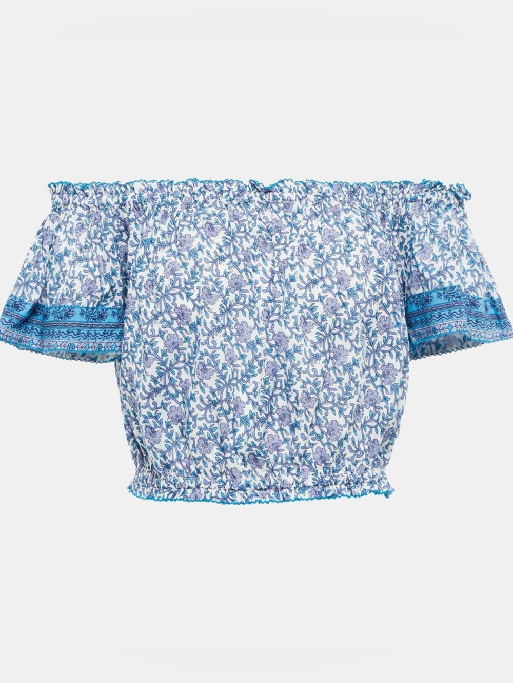 Poupette St Barth Camilla Floral off-shoulder Top Smocked Blue White Paisley Sm